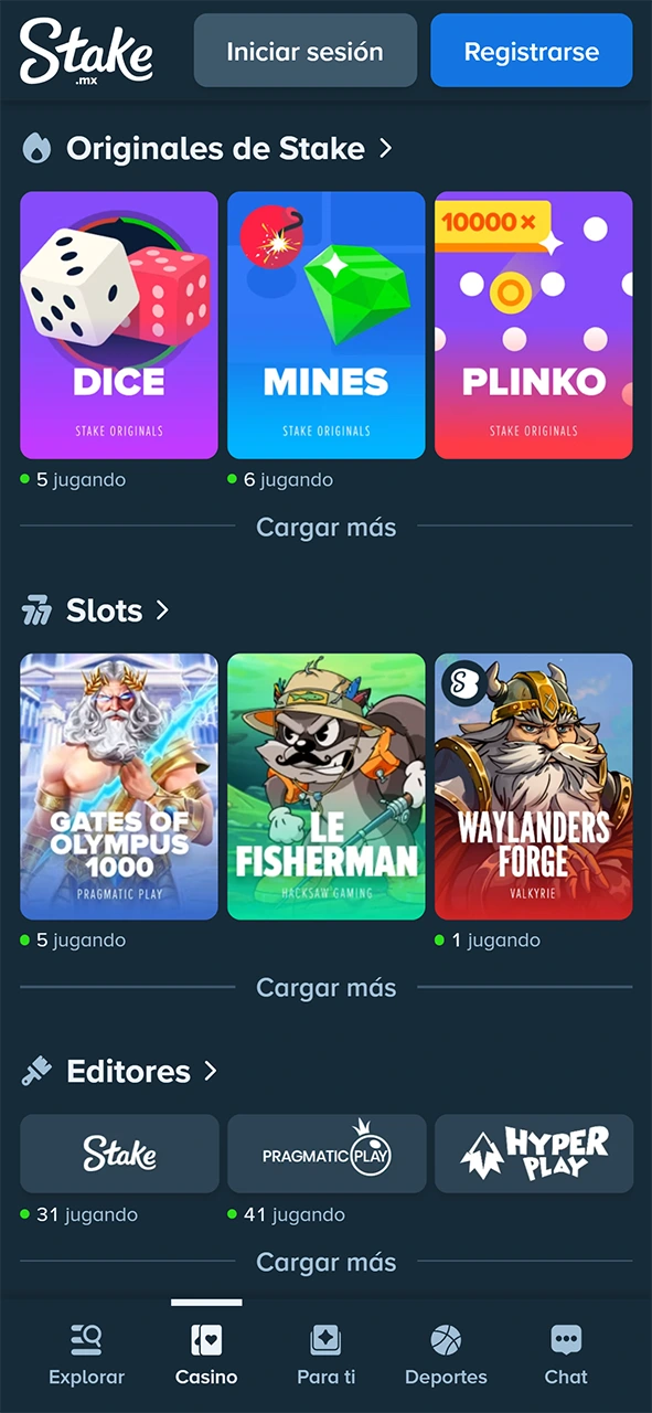 Juega al casino usando la atractiva interfaz de la aplicación de Stake.