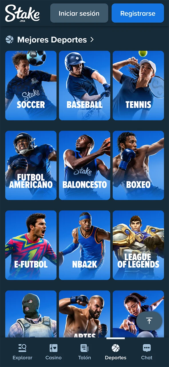 Apuesta en deportes navegando por la interfaz de la app de Stake.