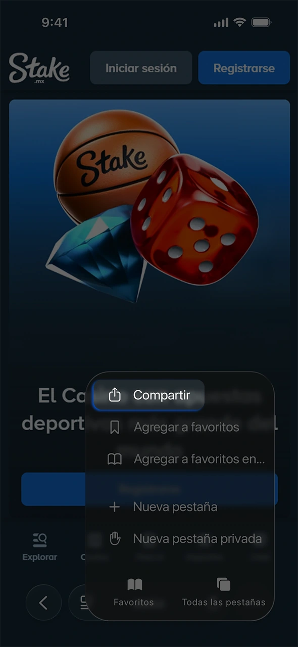 Toca compartir en tu iOS para configurar la aplicación de Stake.