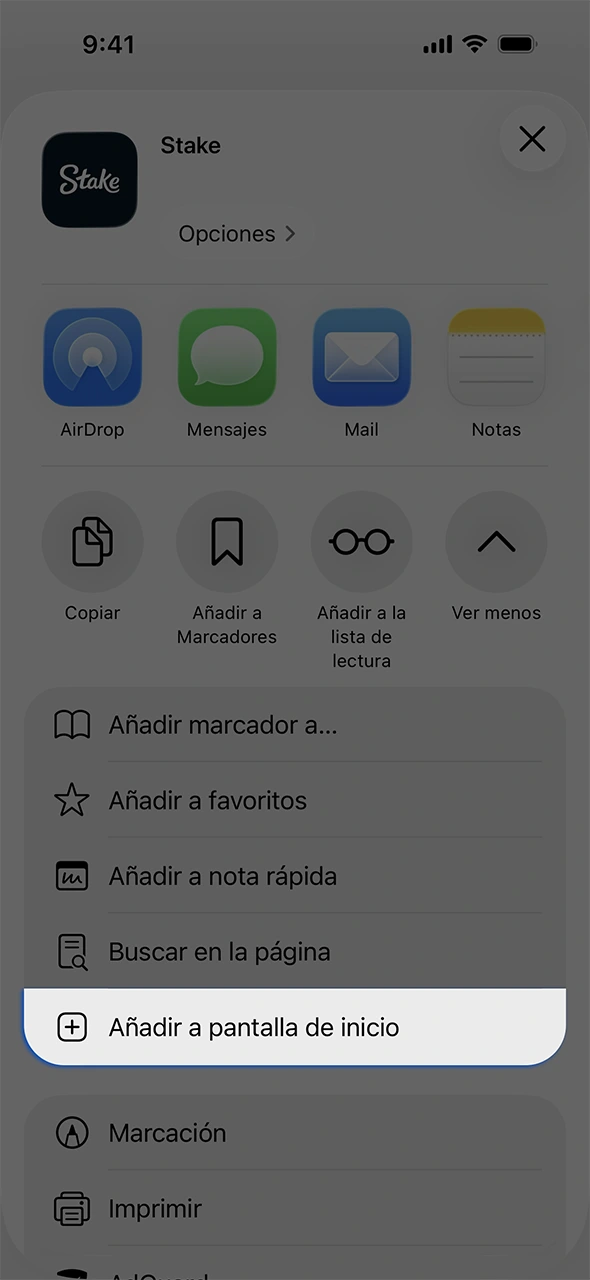 Agrega el acceso de la app de Stake al menú de iOS.