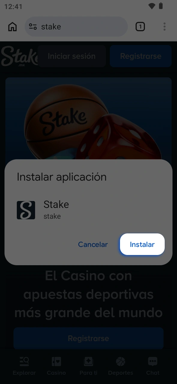 Confirma el proceso en Android para jugar en la app de Stake.
