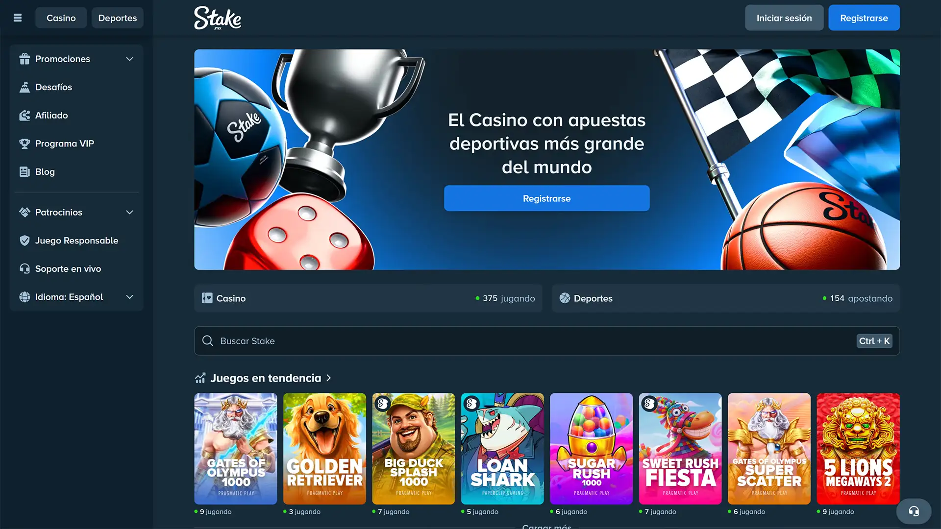 Visita la página principal del sitio Stake y descubre juegos.
