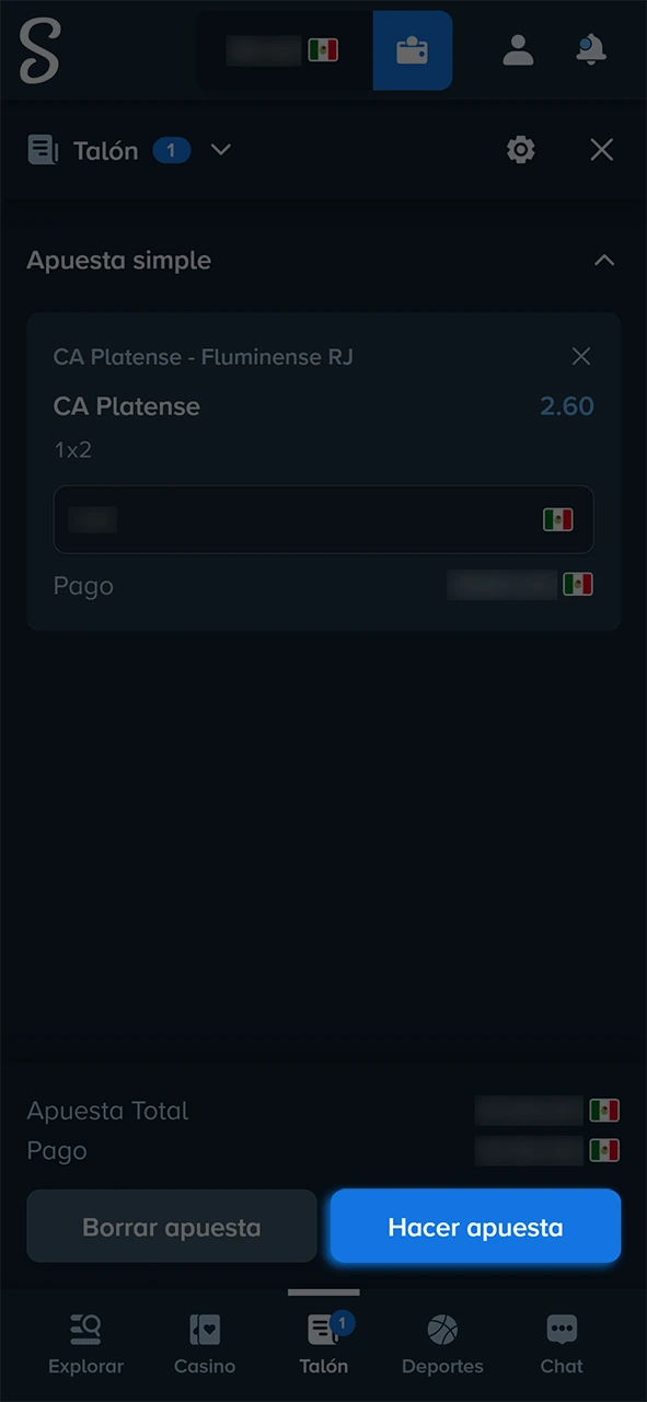 Verifica todos los detalles y confirma tu apuesta en Stake.