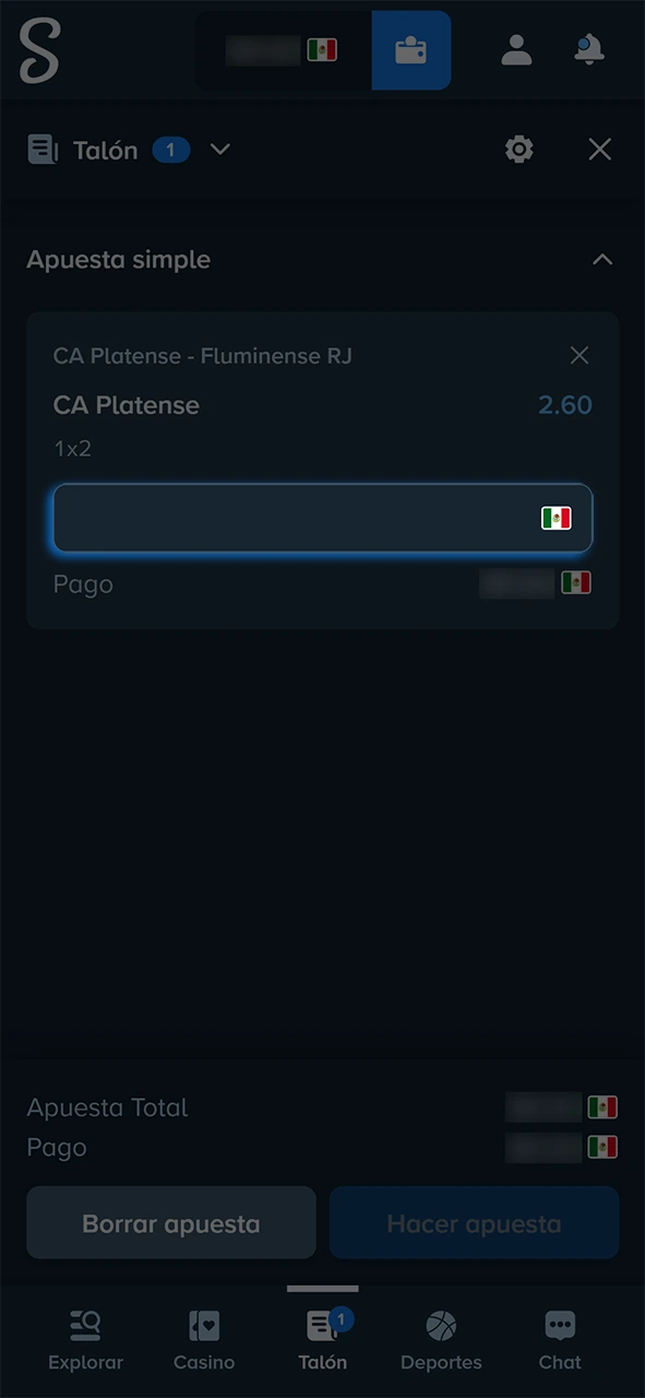 Escribe la cantidad de dinero para tu apuesta en Stake.