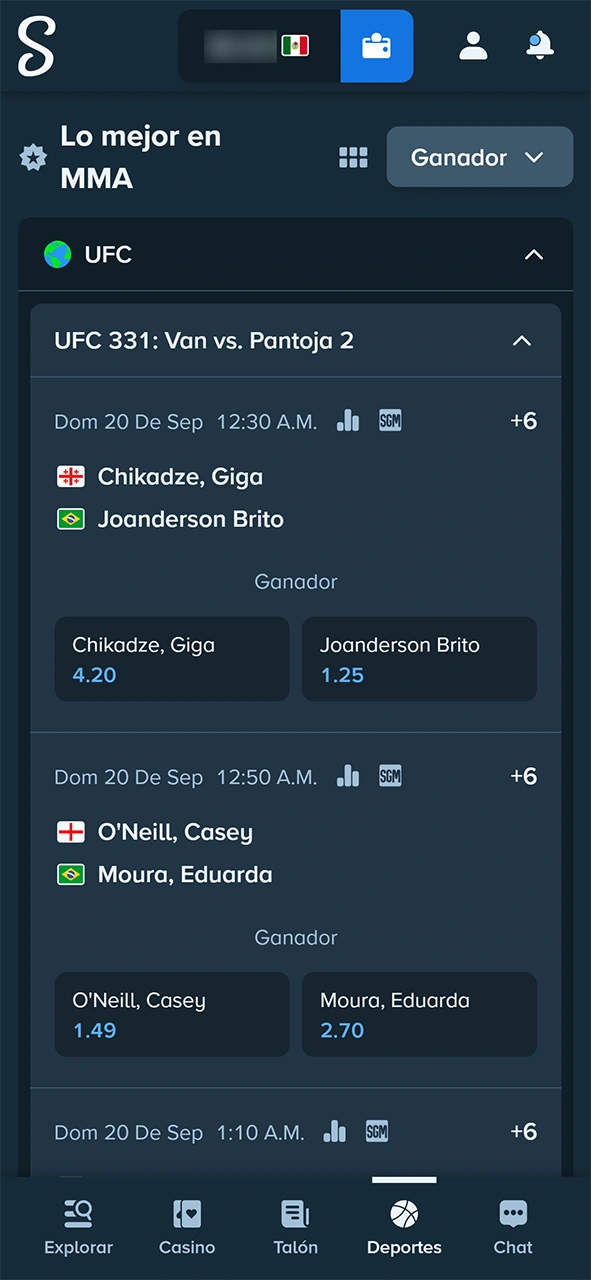 Escoge tus mercados favoritos al apostar en mma con Stake.
