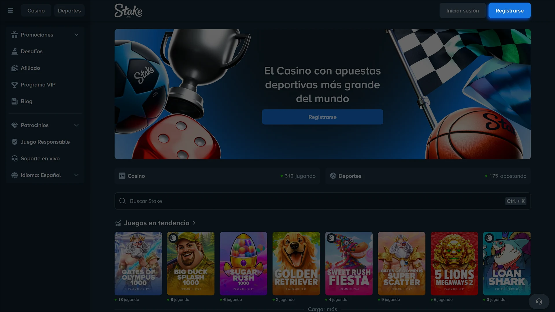 Presiona el botón principal para iniciar tu registro en Stake.