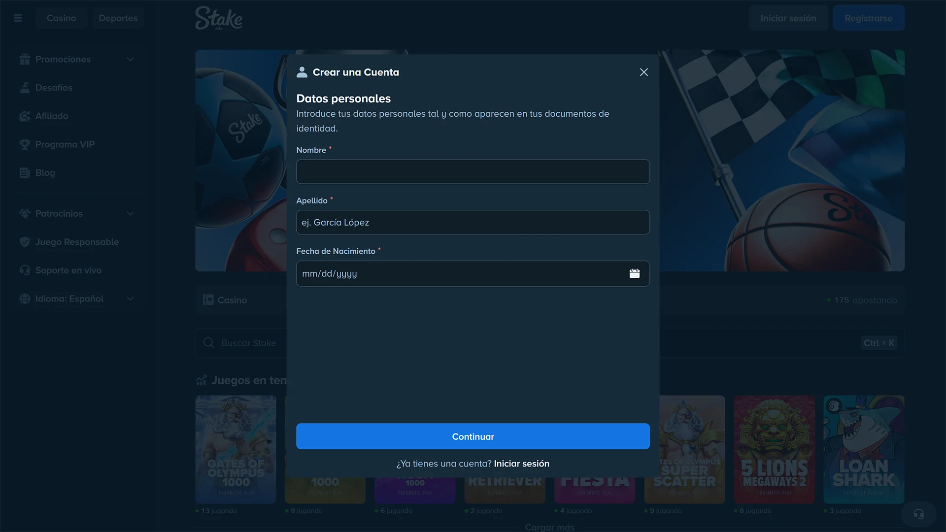 Escribe tus datos personales básicos durante el registro en Stake.