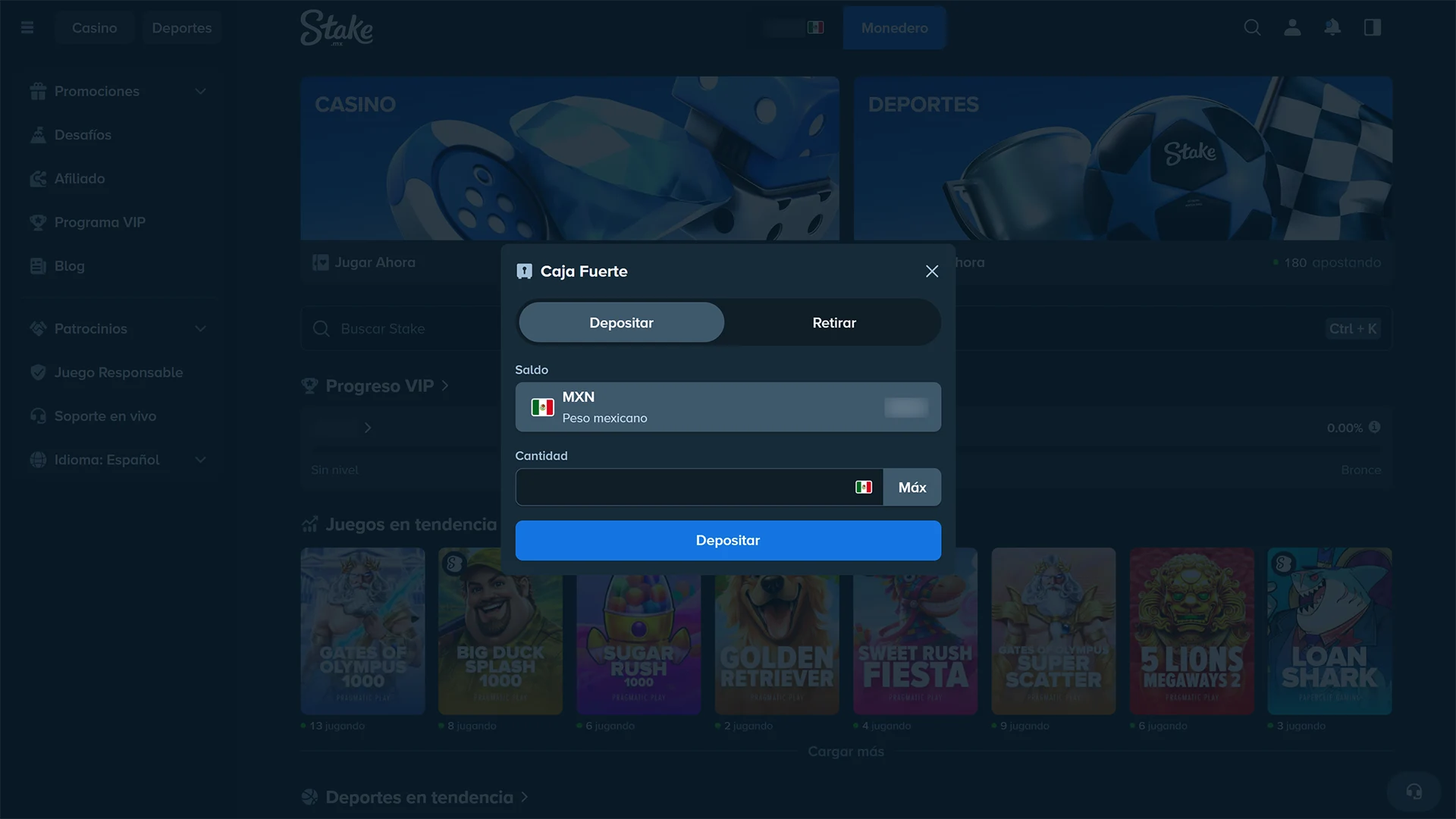 Ingresa tus primeros fondos después de hacer tu registro en Stake.
