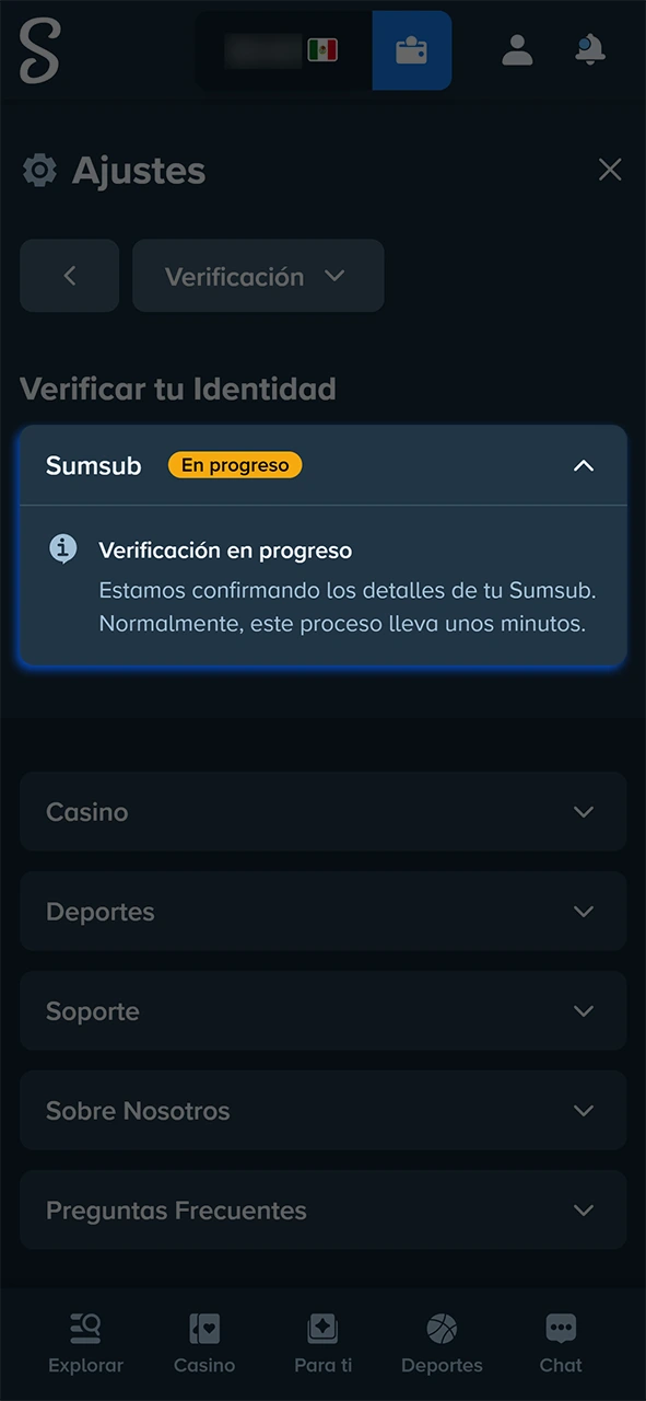 Aguarda la confirmación tras verificar los datos del registro en Stake.
