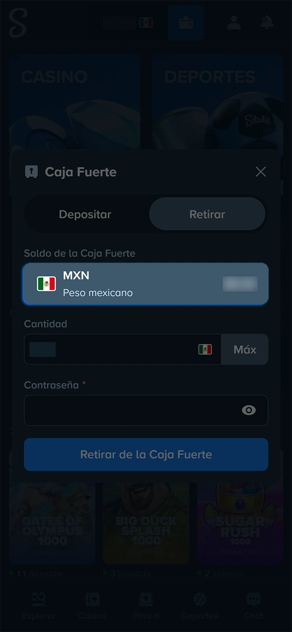 Elige la vía de pago y cantidad para retirar desde Stake.