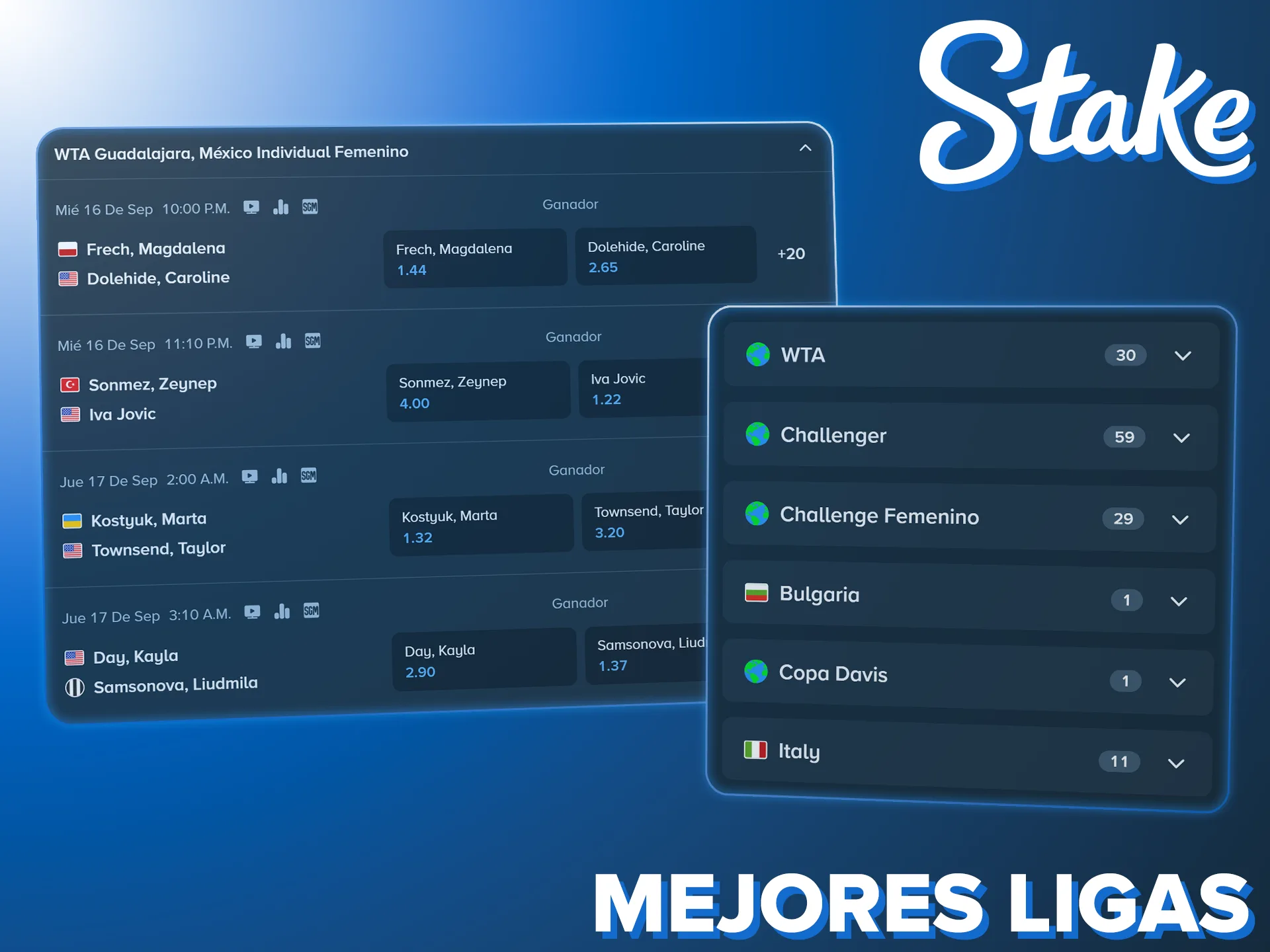 Selecciona tus torneos favoritos de tenis y prueba tu suerte en Stake.